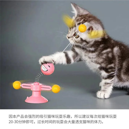 Kitten playing with pink Twirling Cat Fun Toy spinning with yellow light balls on gray background