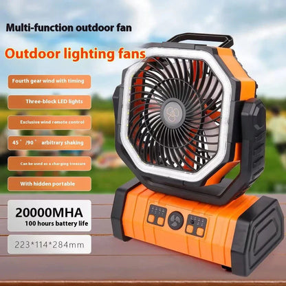 Orange multifunctional camping essentials fan with LED light and power bank 20000mAh battery outdoor use