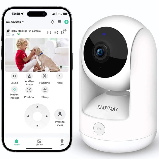 Kadymay 2K HD Indoor Pet Cam with one-key call, motion tracking, and 2-way audio displayed next to smartphone app.