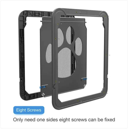 PawGuard chew-proof black ABS plastic pet door with magnetic closure and lock catch design, durable frame with eight screws included