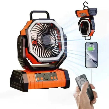 Compact multifunctional camping fan with LED light, power bank, remote control, and adjustable airflow in orange color
