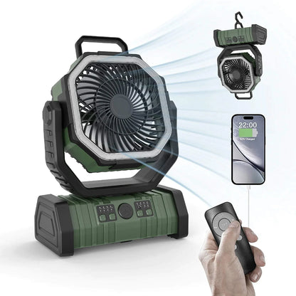 Camping Essentials fan in army green with adjustable speeds, LED light, power bank, remote control, and hanging hook for outdoor use
