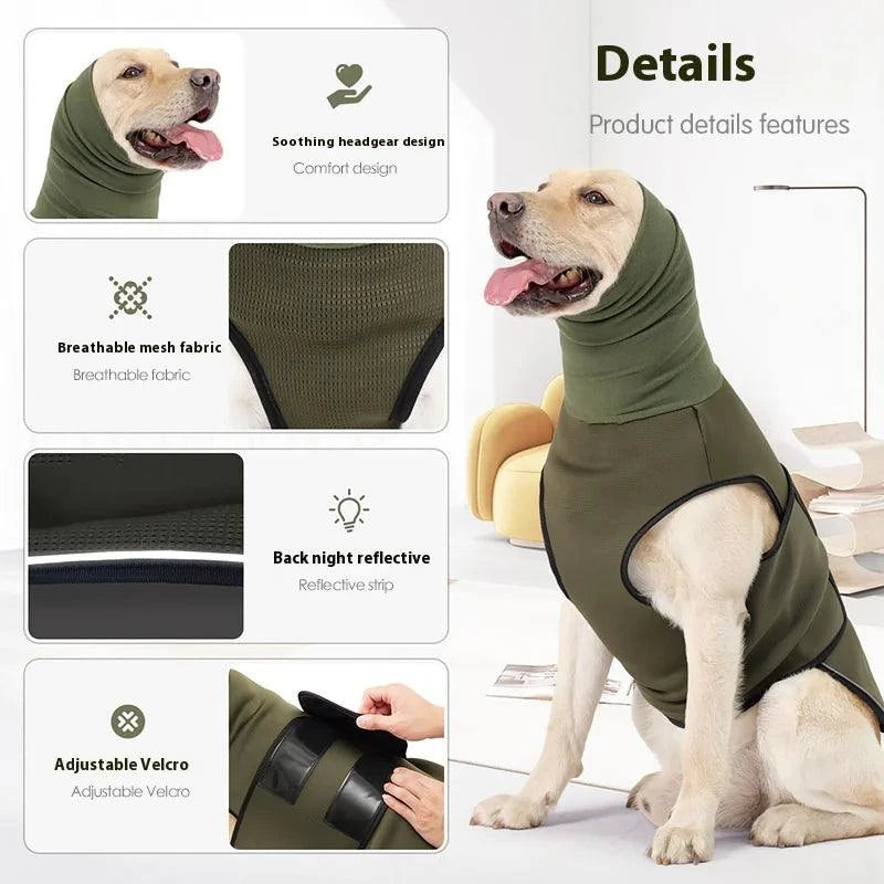 Dog wearing anti-anxiety soothing jacket in army green with breathable fabric and adjustable Velcro.