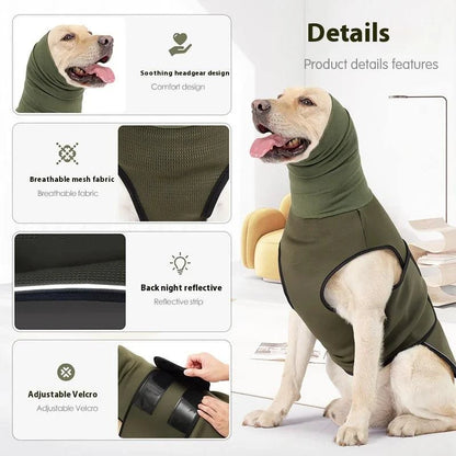 Dog wearing anti-anxiety soothing jacket in army green with breathable fabric and adjustable Velcro.